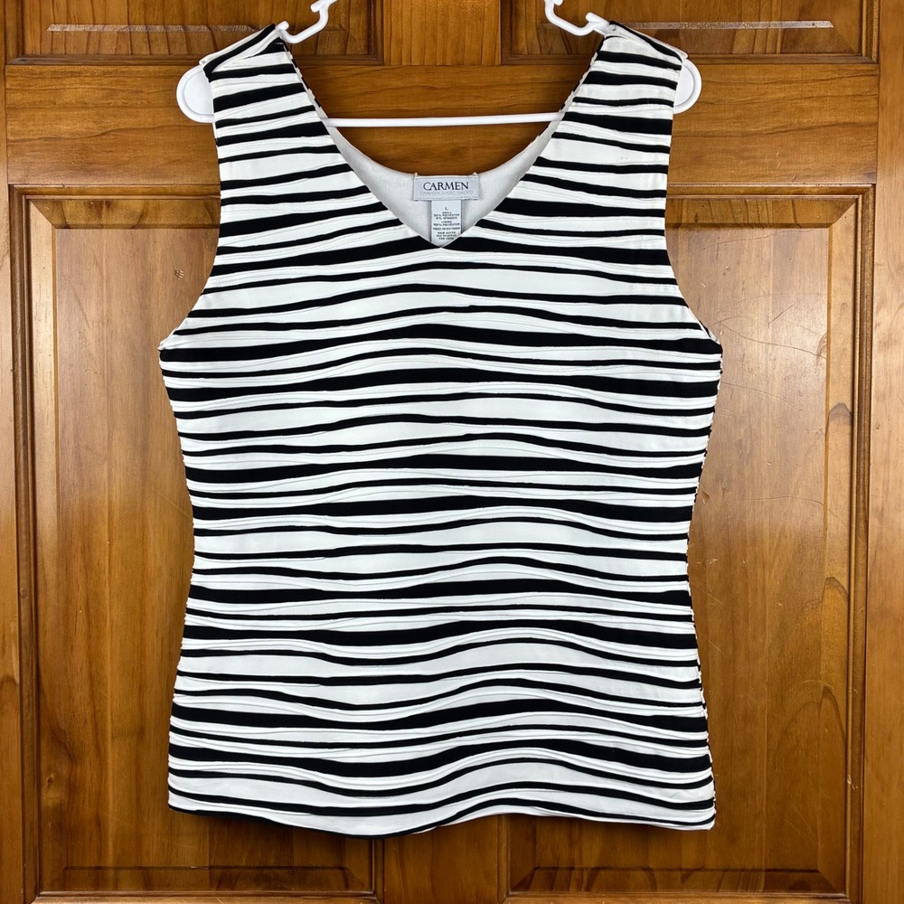 Carmen Marc Valvo Womens L Black White Striped Textured V-Neck Tank Top Chic